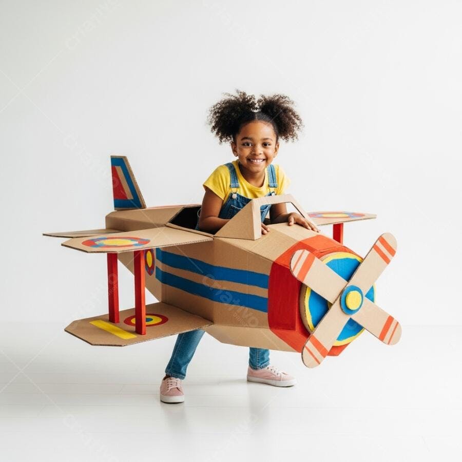 Criança negra pilotando avião de papelão