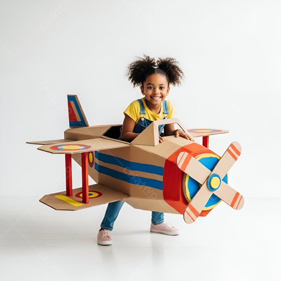Criança negra brincando em avião de papelão