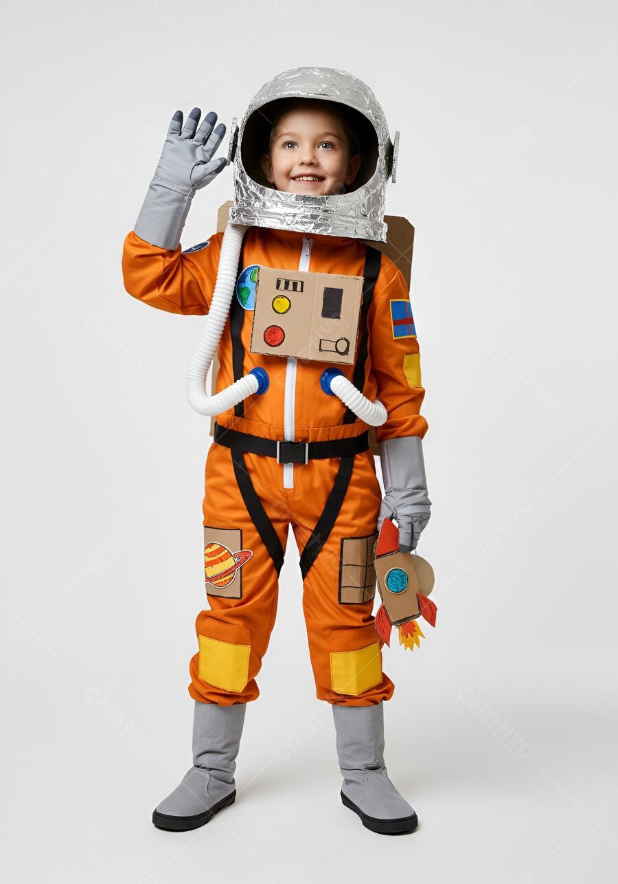 Criança fantasiada de astronauta sorrindo
