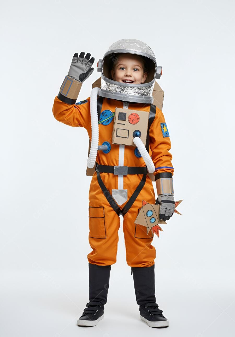Criança fantasiada de astronauta acenando