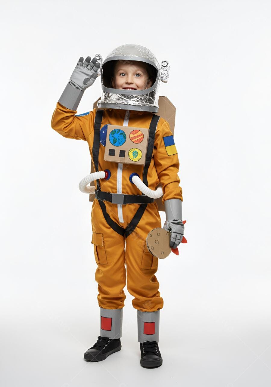 Menino fantasiado de astronauta sorrindo