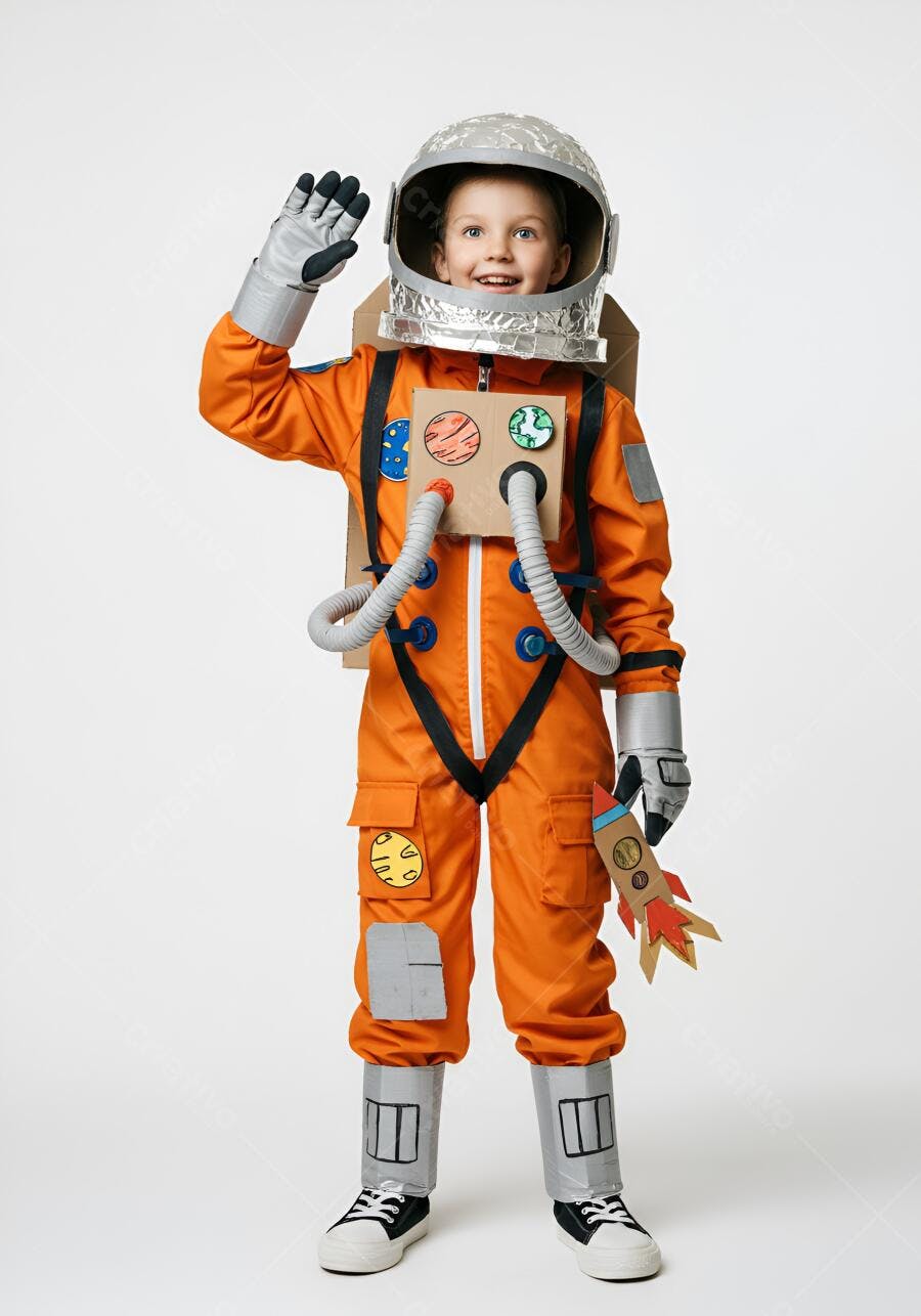 Criança fantasiada de astronauta acenando