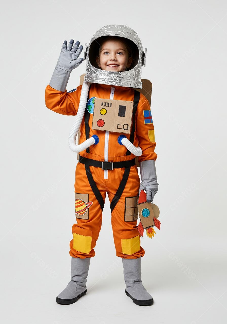 Criança fantasiada de astronauta sorrindo