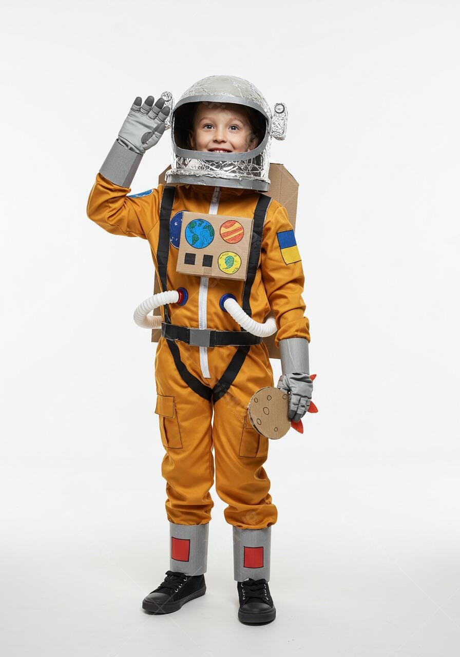 Criança fantasiada de astronauta sorrindo