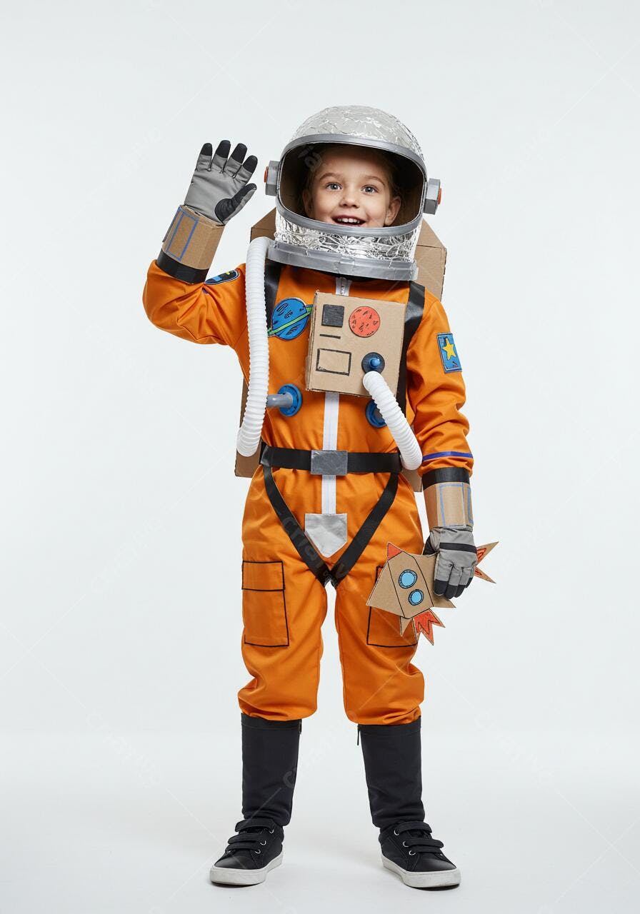 Menina fantasiada de astronauta acenando