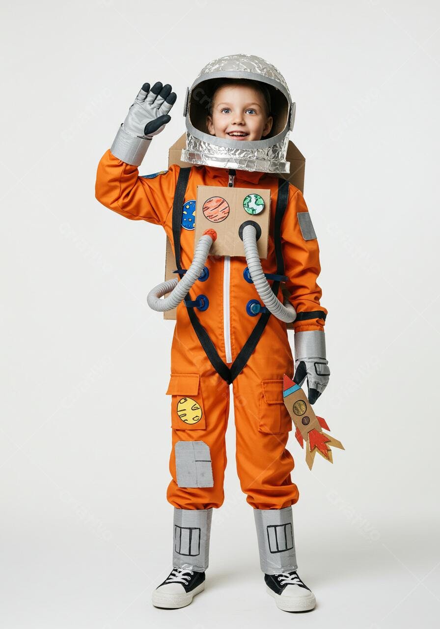 Criança fantasiada de astronauta acenando