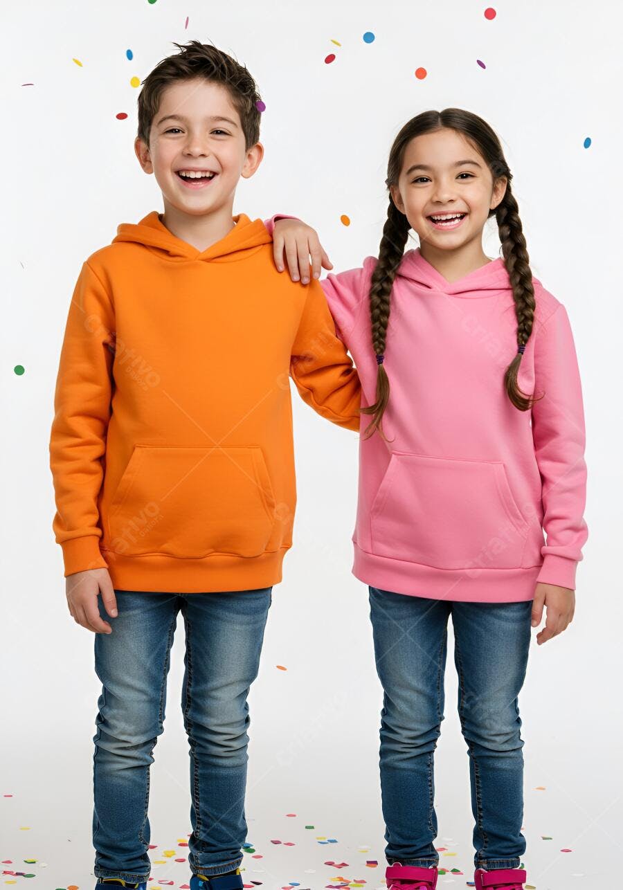 Crianças sorrindo com roupas laranja e rosa