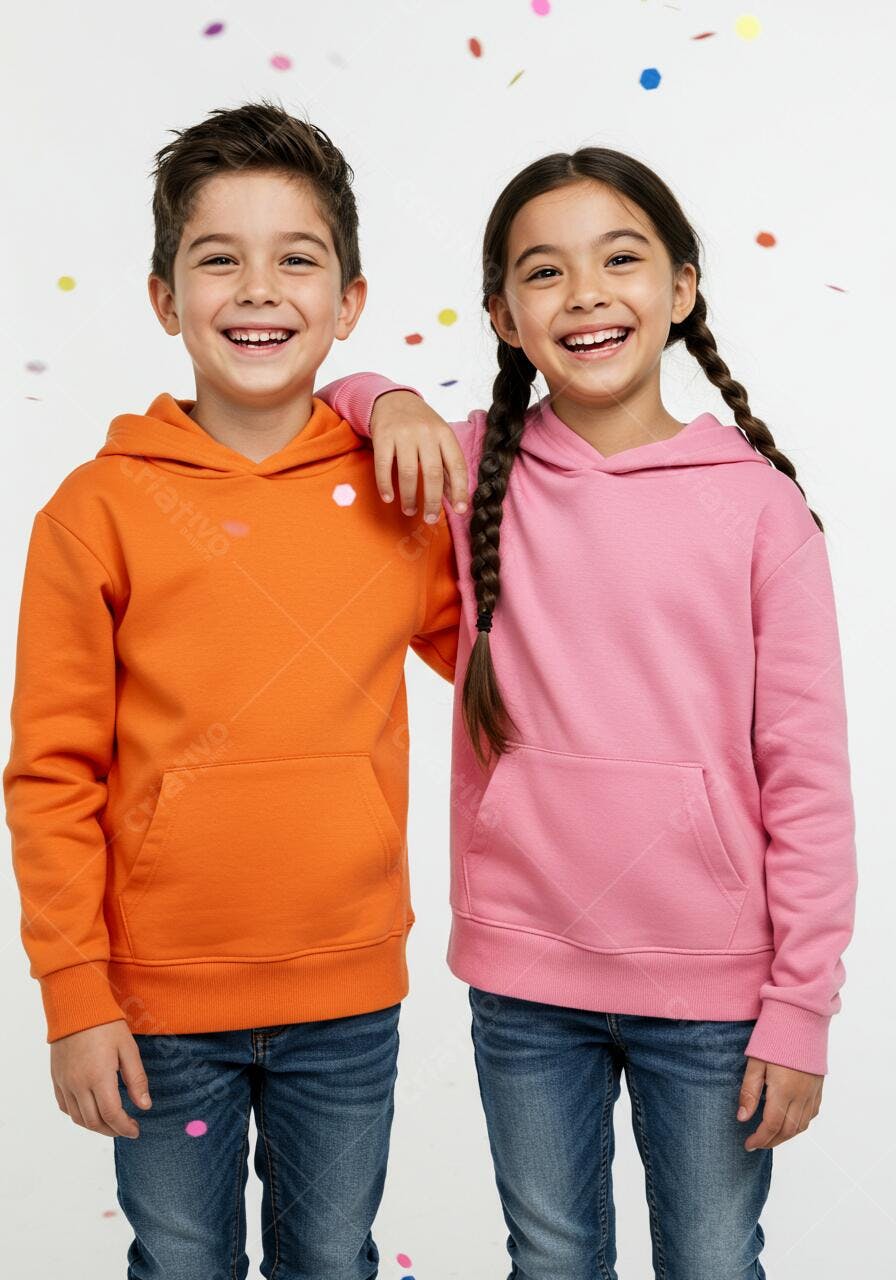 Crianças felizes em moletom laranja e rosa