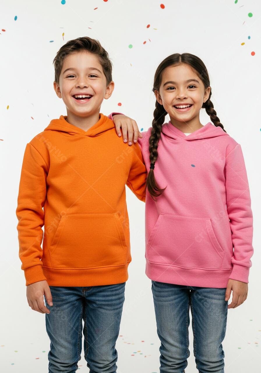 Crianças felizes em moletom laranja e rosa