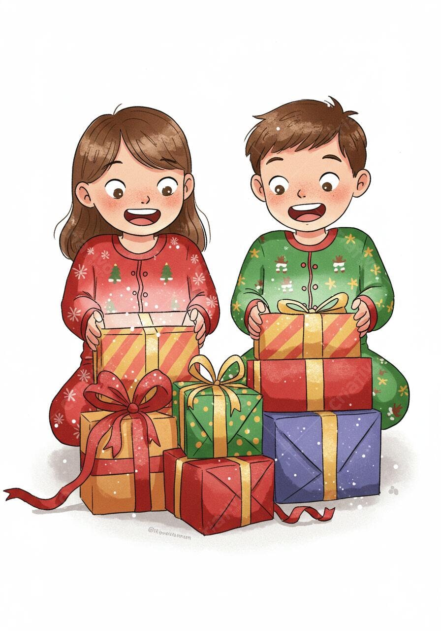 Crianças abrindo presentes Natal