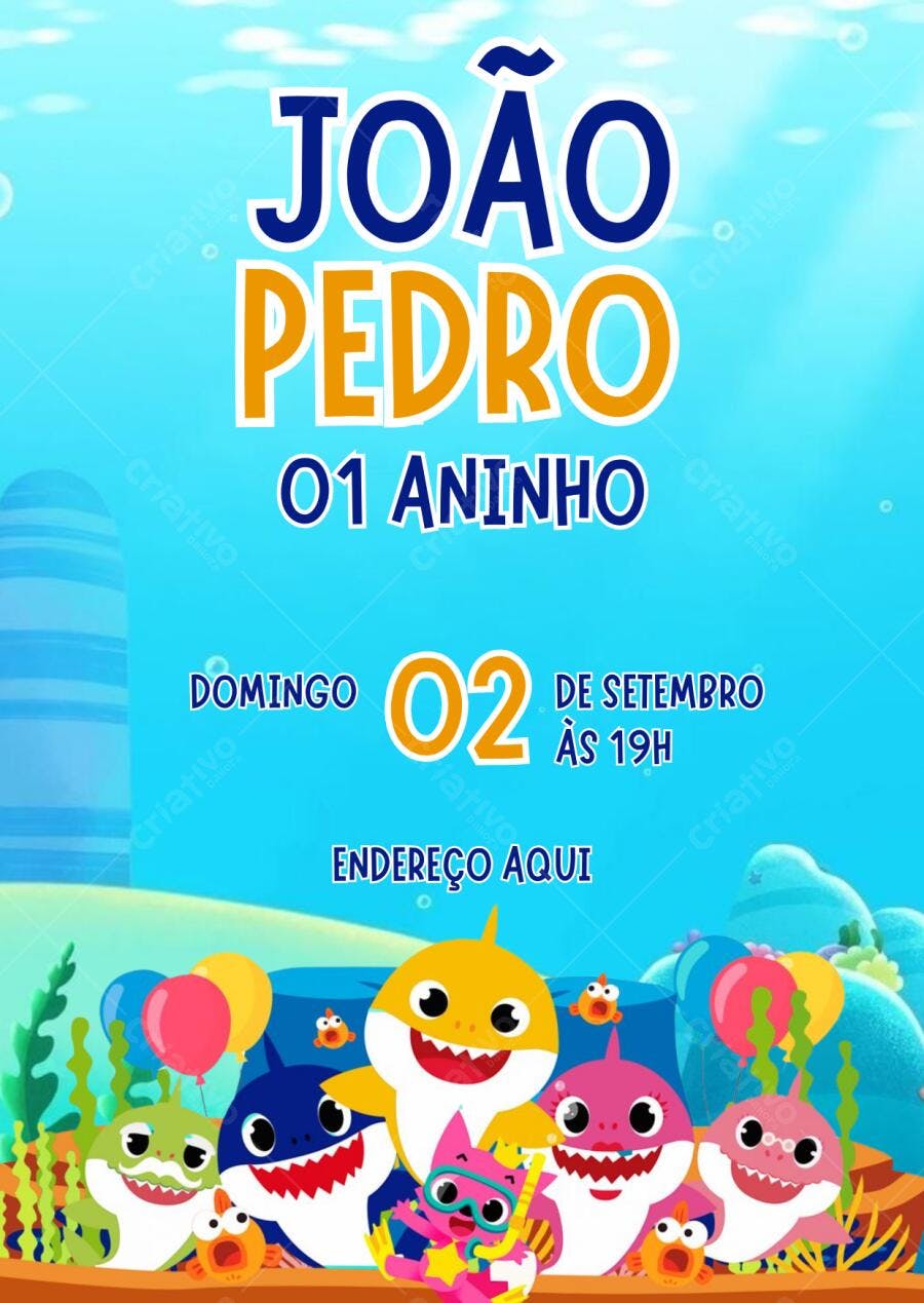 Convite de Aniversário Baby Shark 1 Aninho Editável no Canva