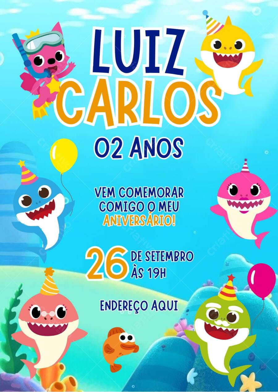 Convite de Aniversário Baby Shark 2 Anos Editável no Canva