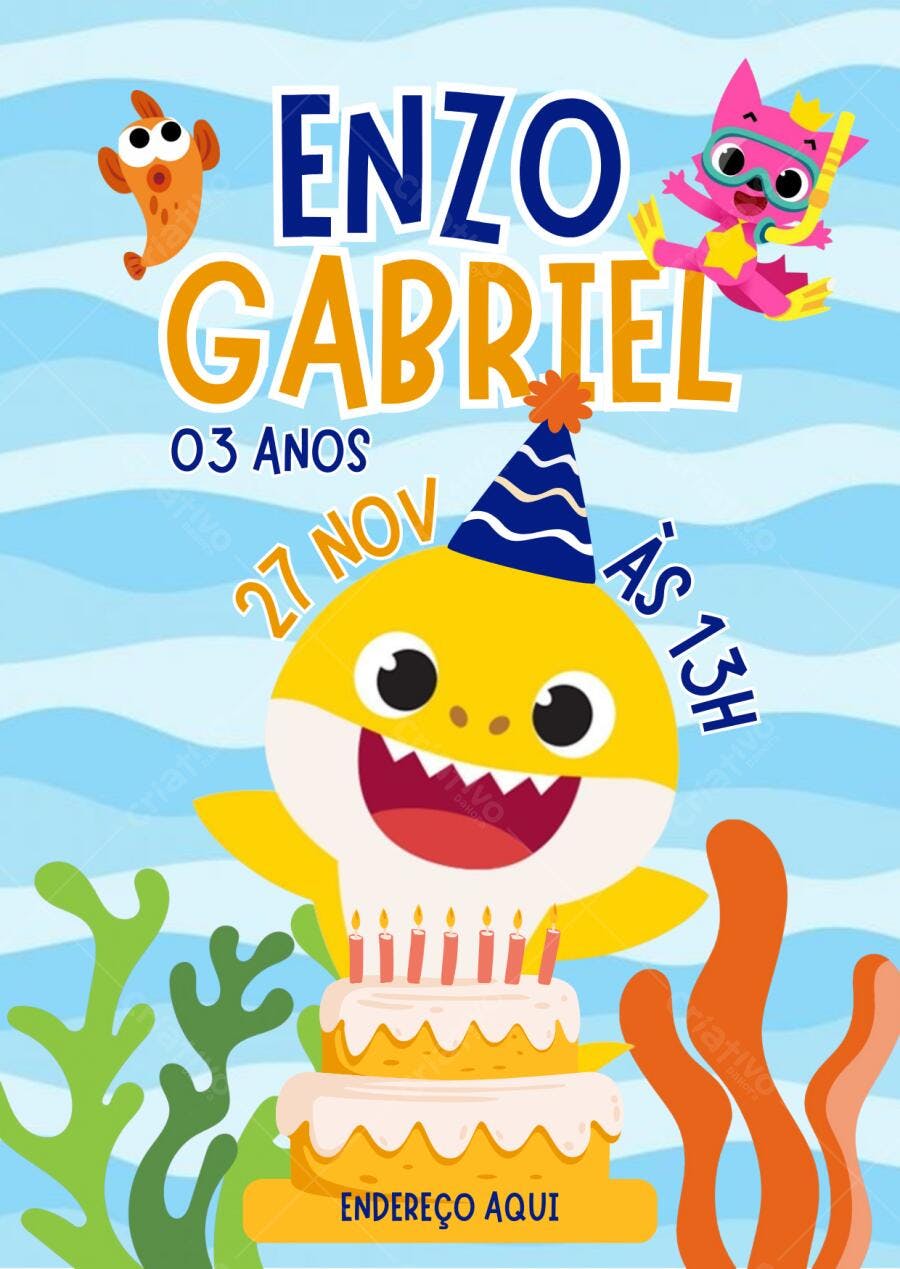 Convite de Aniversário Baby Shark fundo azul Editável no Canva