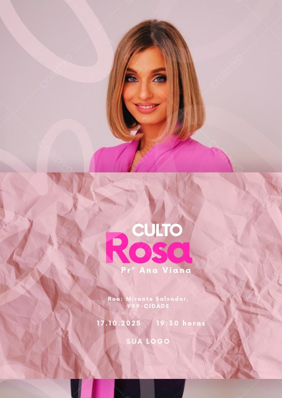 Template de convite culto rosa com foto de palestrante Editável no Canva