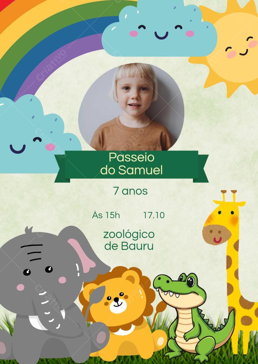 Convite Aniversário Infantil Safari Animais Editável no Canva