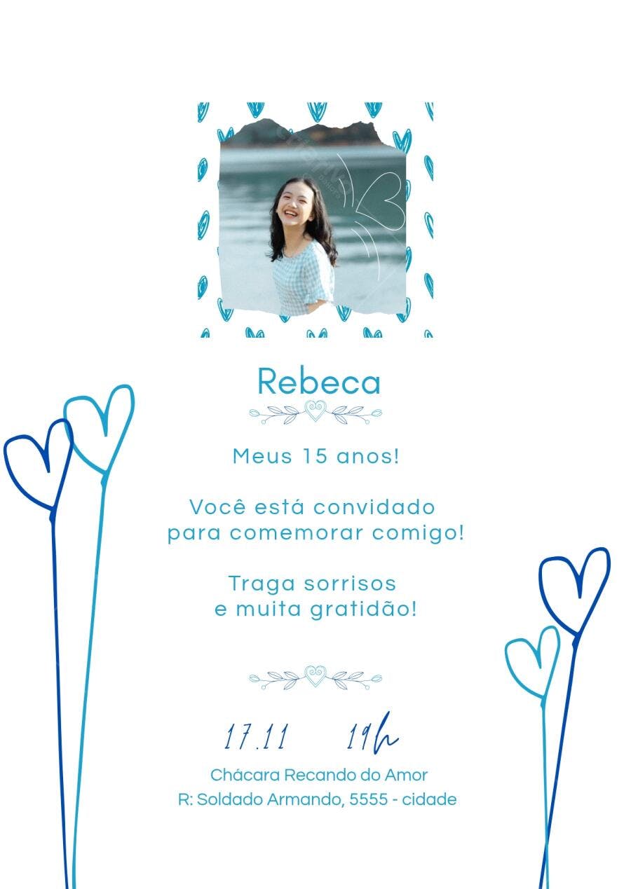Convite 15 anos Festa Teen Azul e Branco Editável no Canva