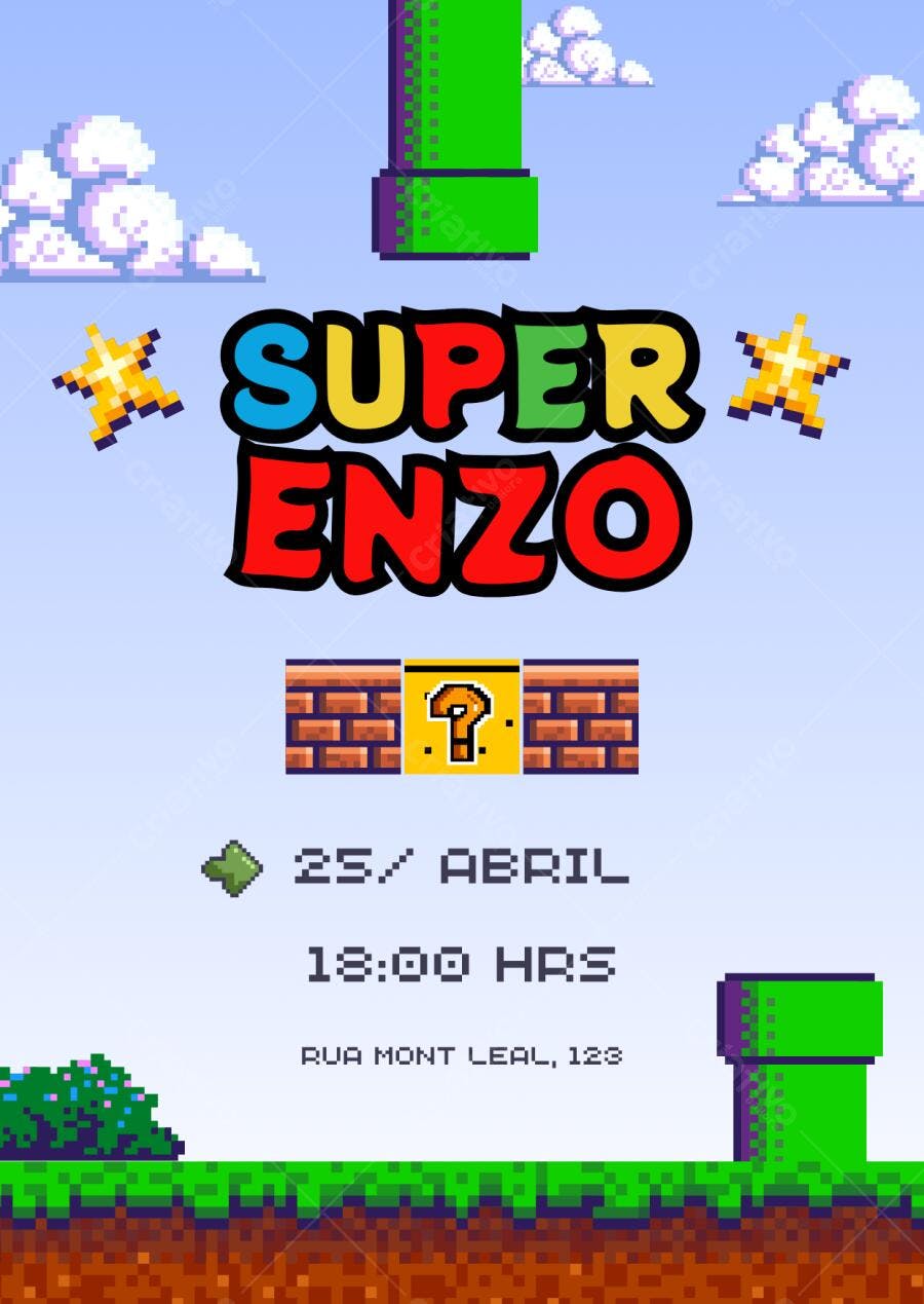 Convite Festa Infantil Super Mario Bros Editável no Canva