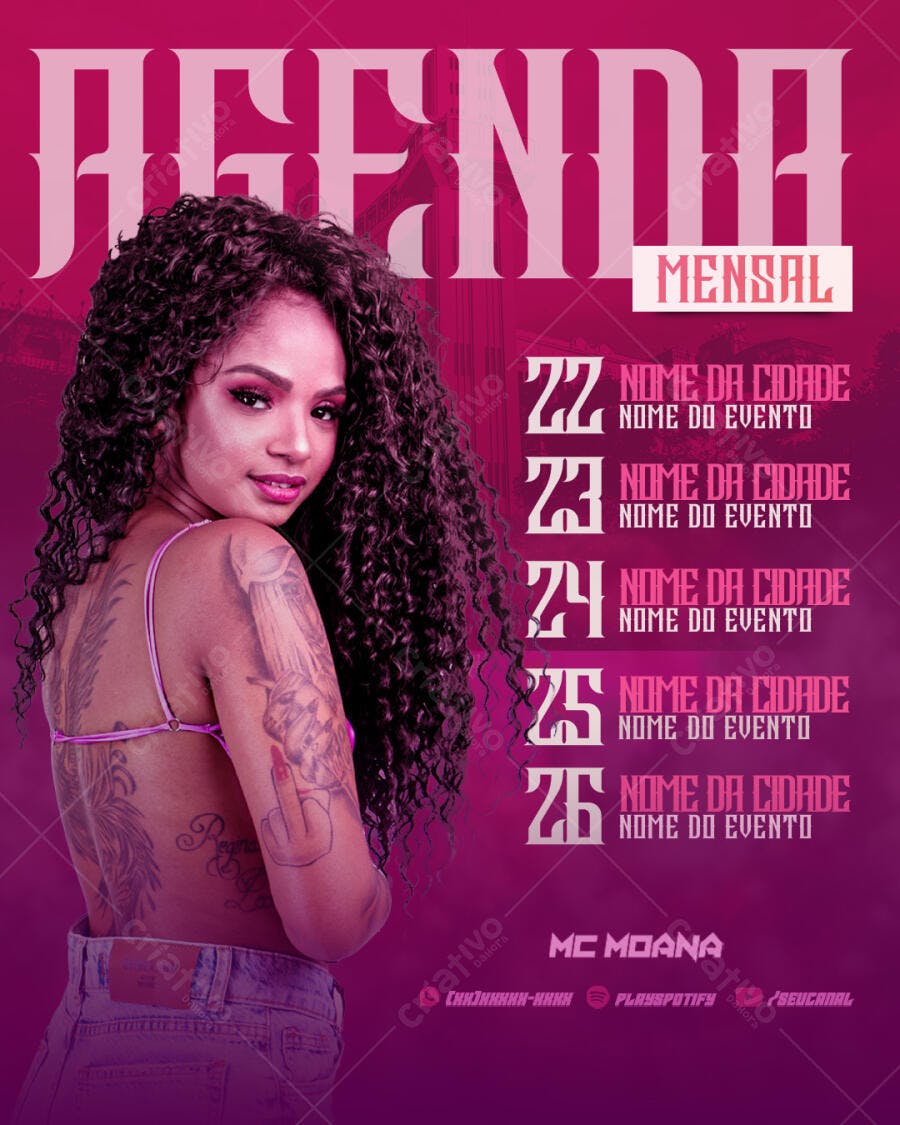 Flyer para Agenda Mensal de Shows MC Moana PSD Editável