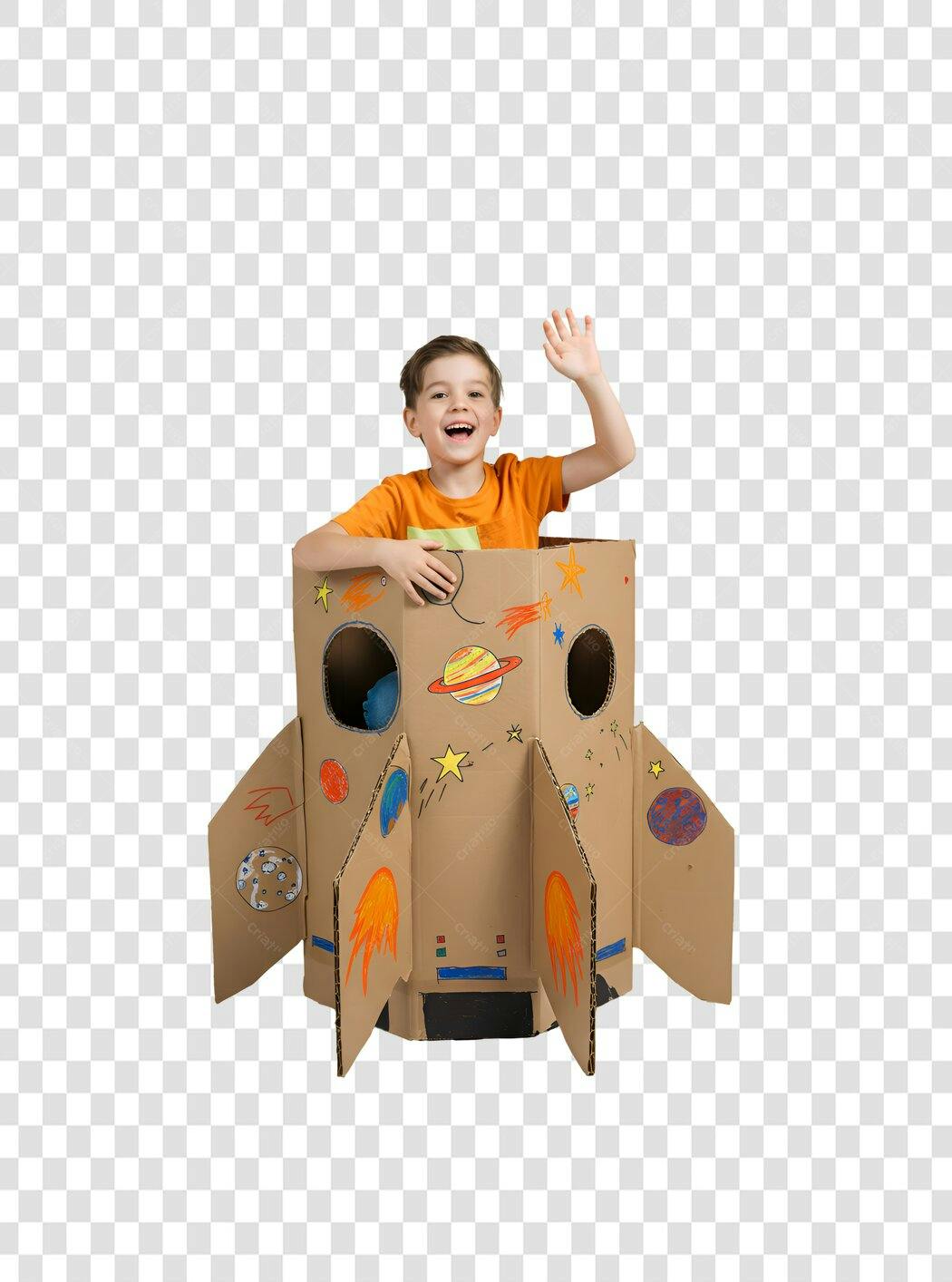 Imagem PNG Criança em Foguete de Papelão com Fundo Transparente