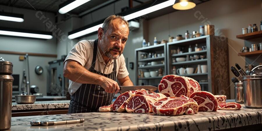 açougueiro cortando carne em cozinha