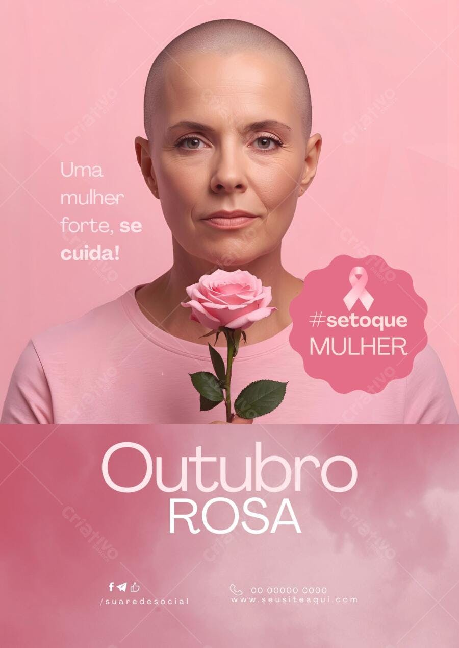 Post Instagram Outubro Rosa com Rosa Rosa e Mulher Careca Editável no Canva