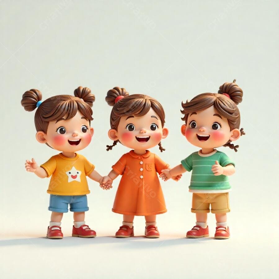 Três crianças felizes de mãos dadas