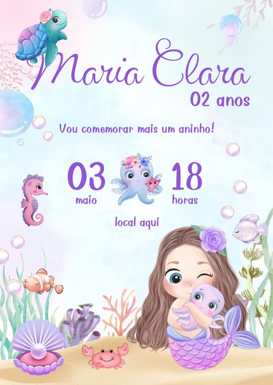 Convite de Aniversário Infantil Sereia Lilás Editável no Canva