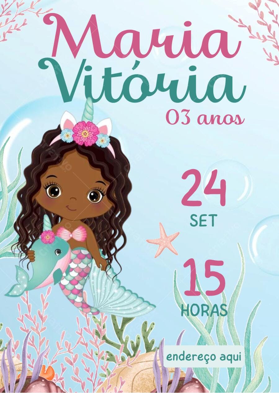 Convite Festa Infantil Sereia Unicórnio Editável no Canva