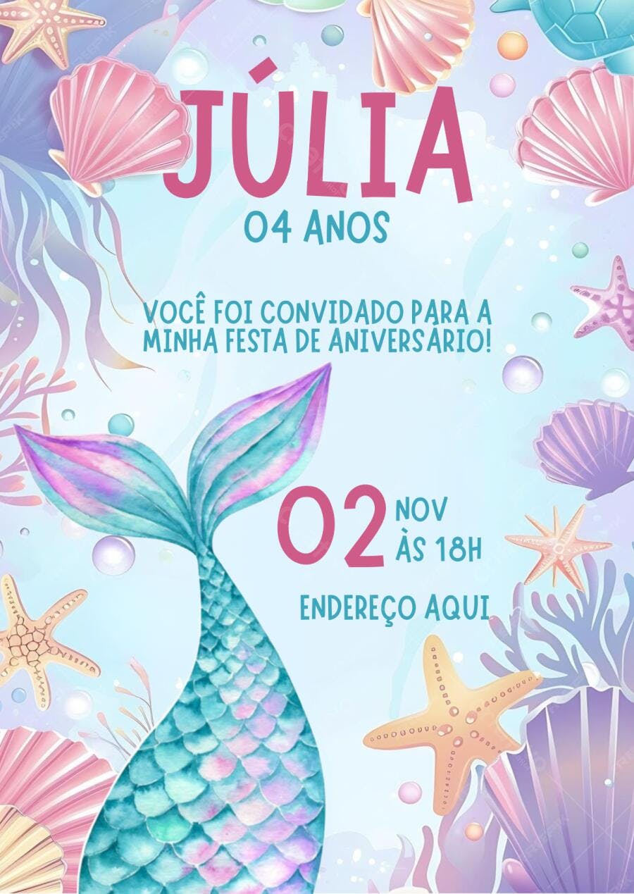 Convite de aniversário infantil tema Sereia tons pastel Editável no Canva