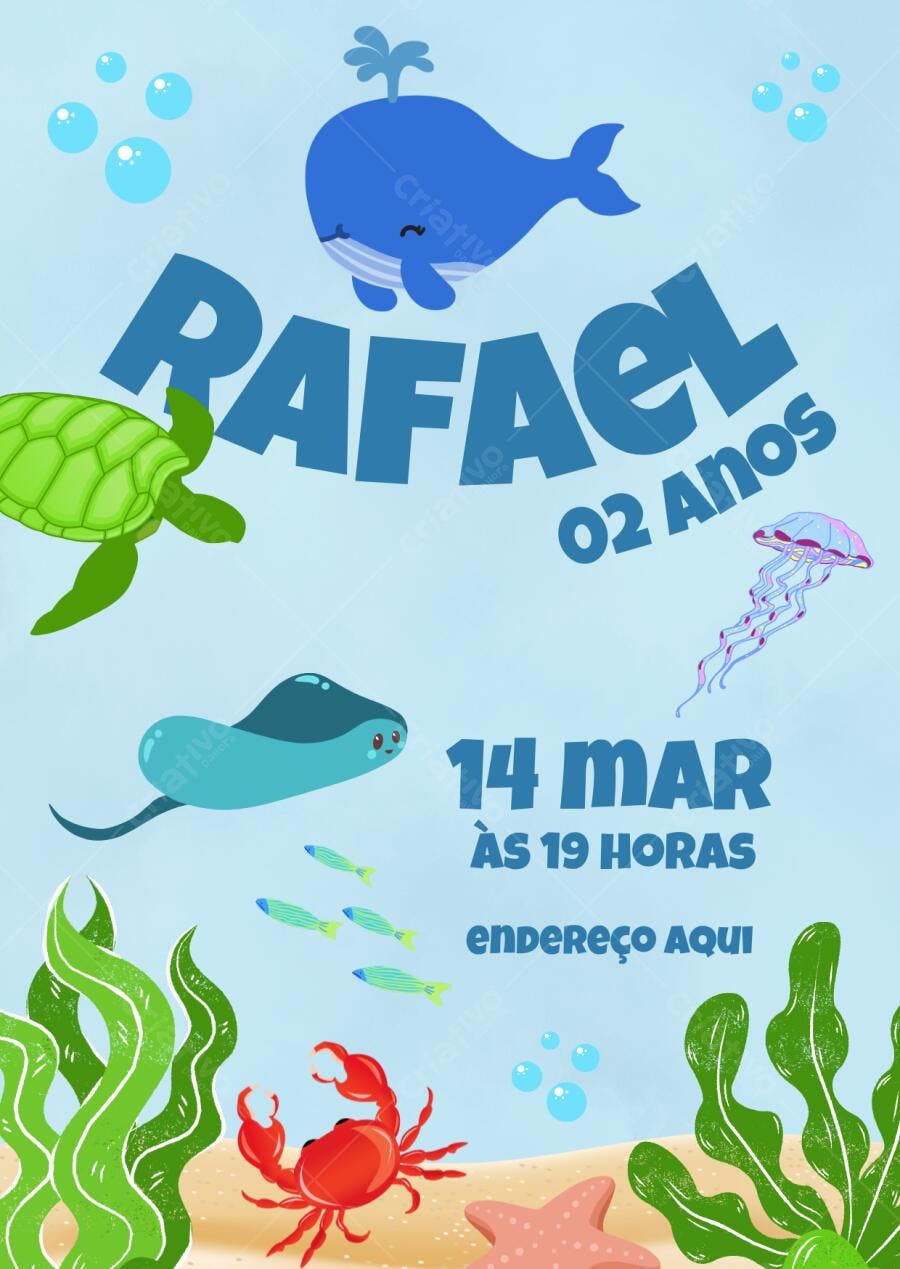 Convite Aniversário Infantil Mundo Submarino Editável no Canva
