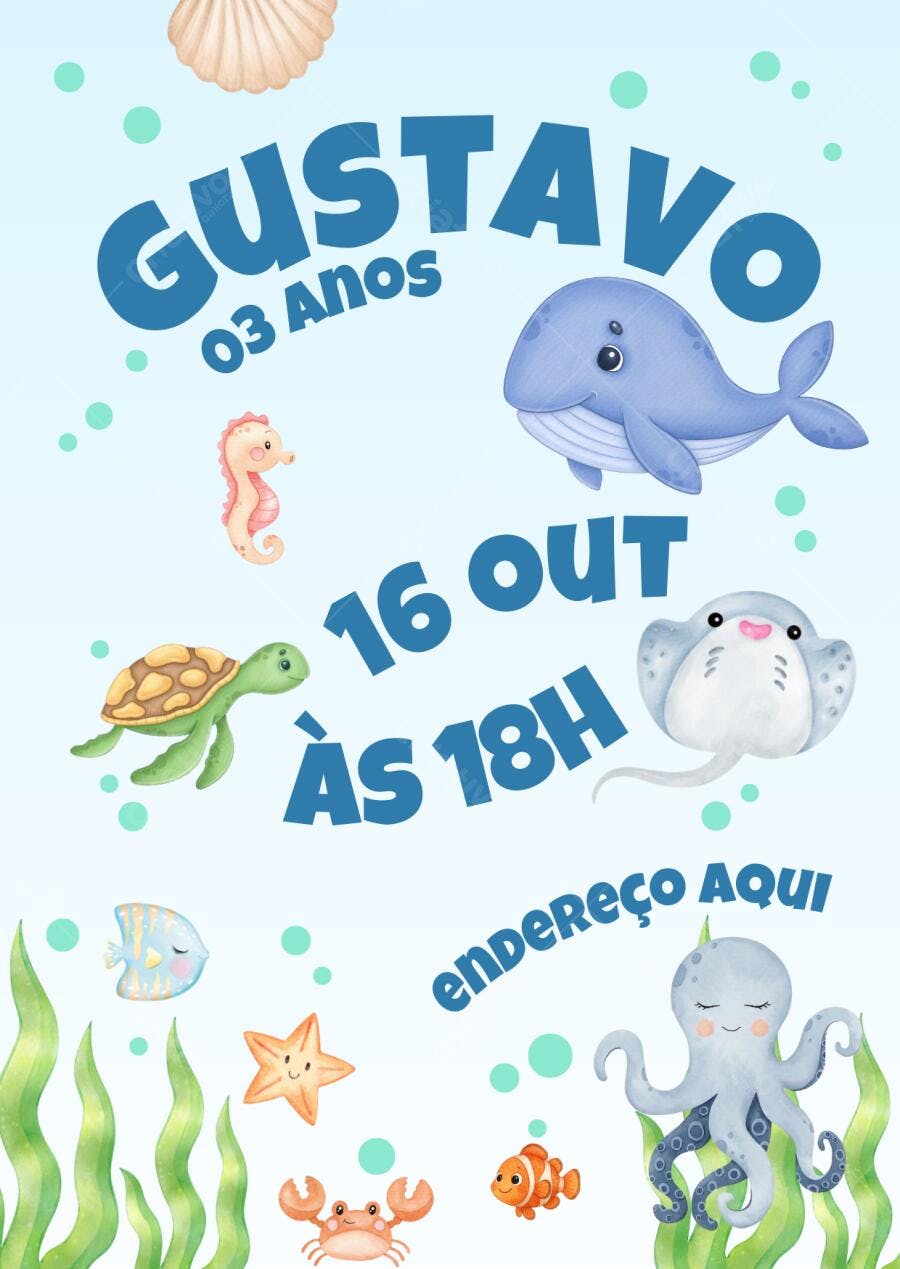 Convite Aniversário Infantil Mundo Marinho Editável no Canva