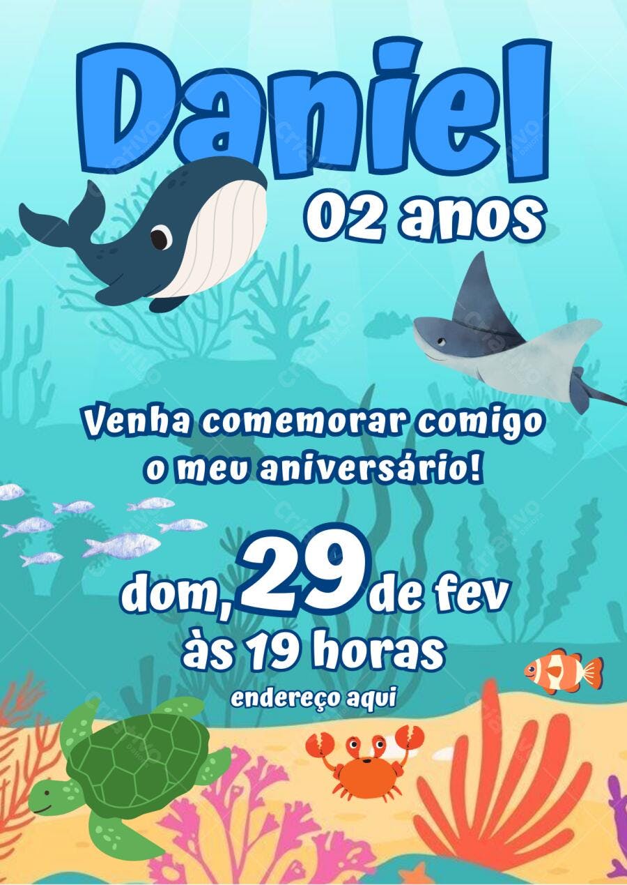 Convite Aniversário Infantil Mundo Submarino Editável no Canva