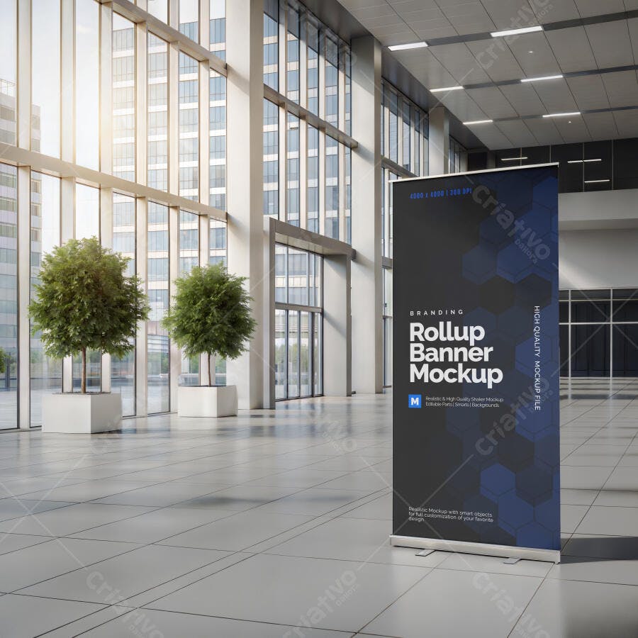 Mockup Realista de Banner Rollup em Hall Moderno