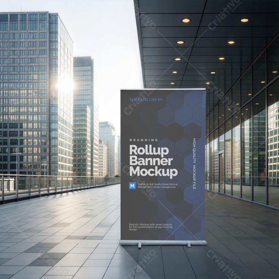 Mockup Realista de Banner Rollup em Cenário Urbano