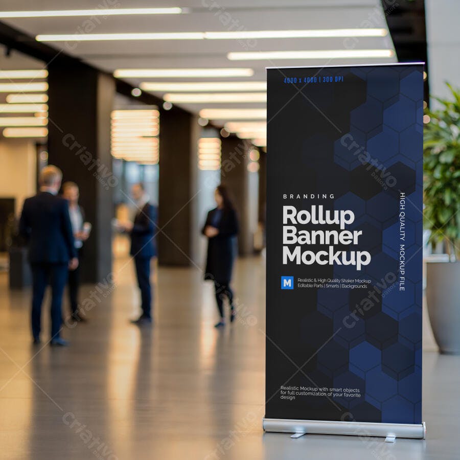 Mockup Realista de Banner Rollup em Ambiente Corporativo