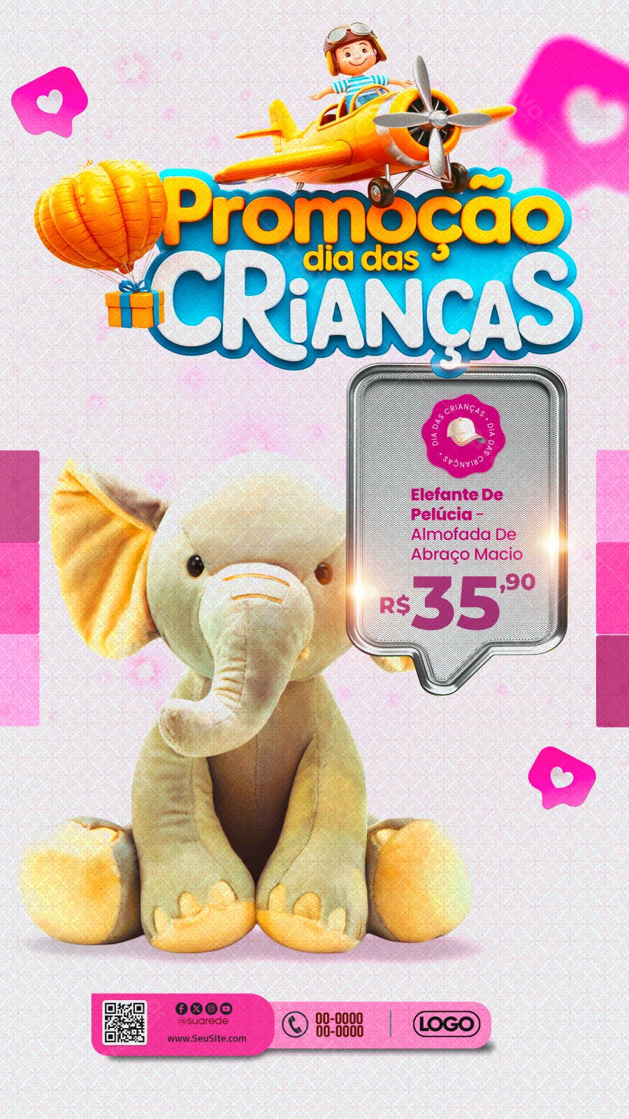 Flyer Dia das Crianças com Elefante de Pelúcia PSD Editável