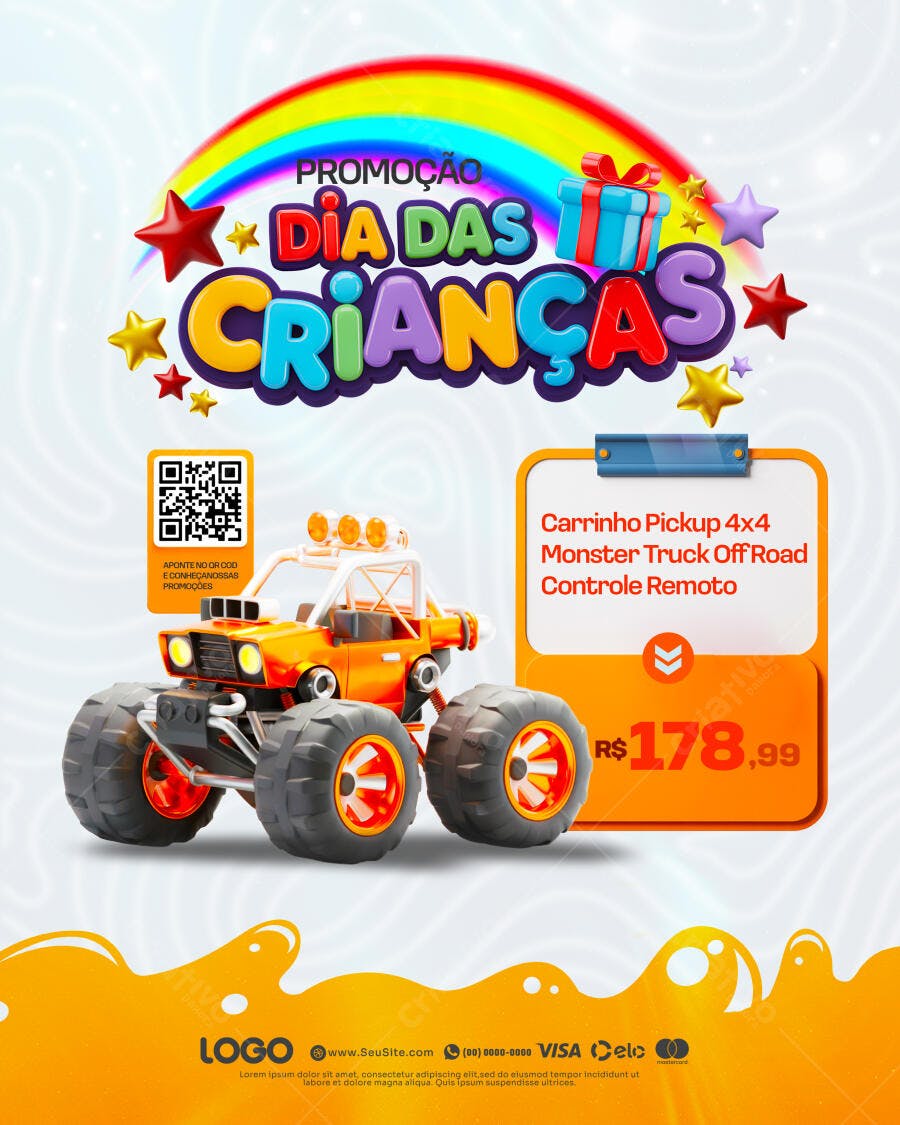 Flyer Dia das Crianças com Monster Truck PSD Editável