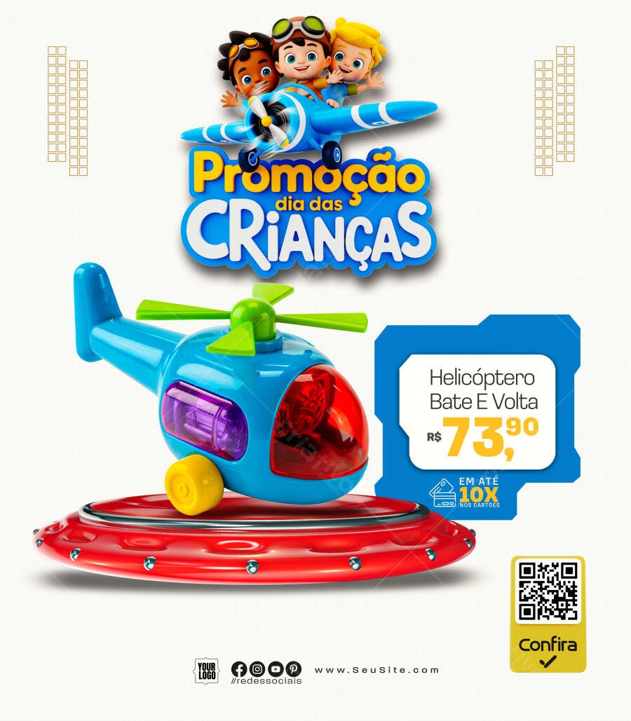 Flyer Dia das Crianças com Helicóptero PSD Editável