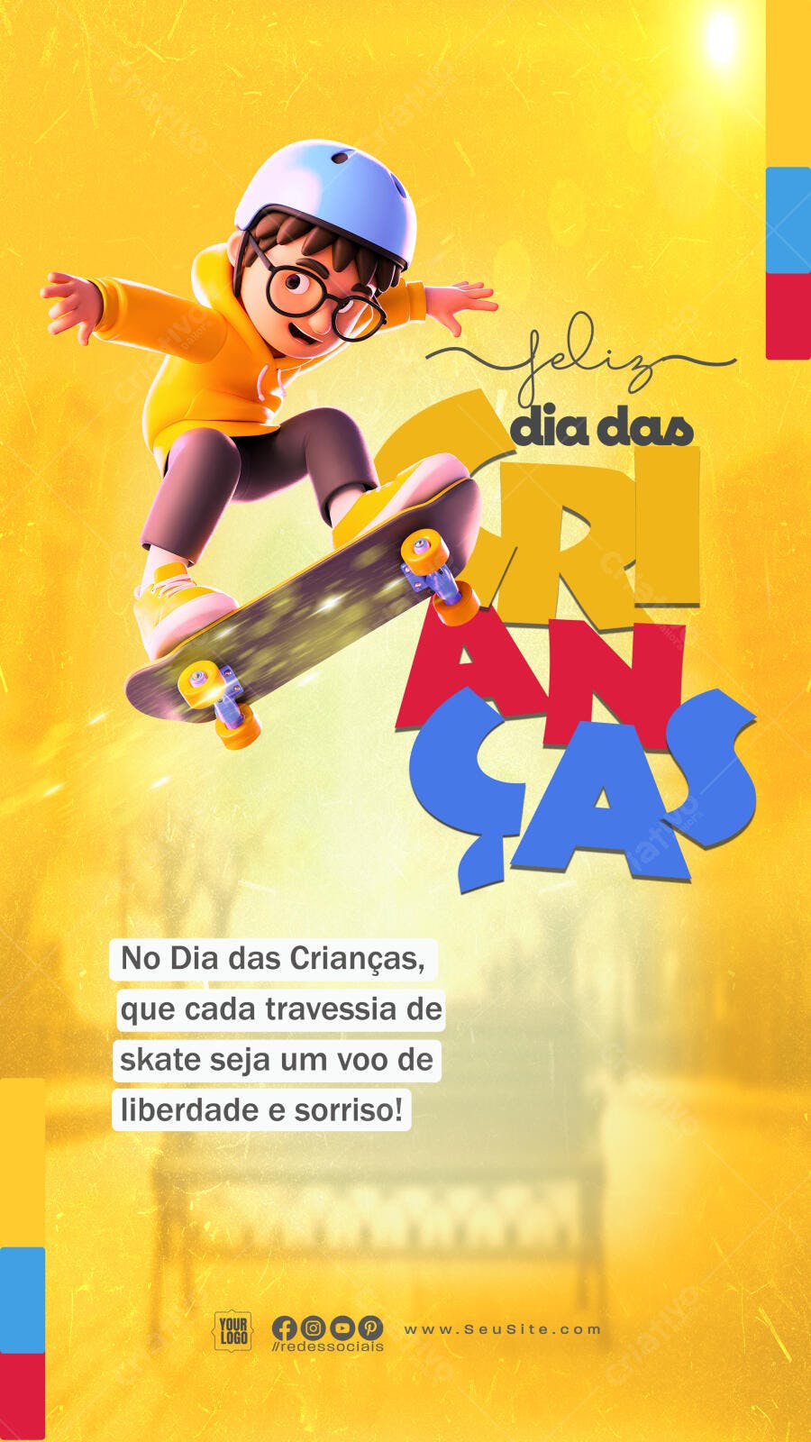 Flyer Dia das Crianças com Menino de Skate PSD Editável