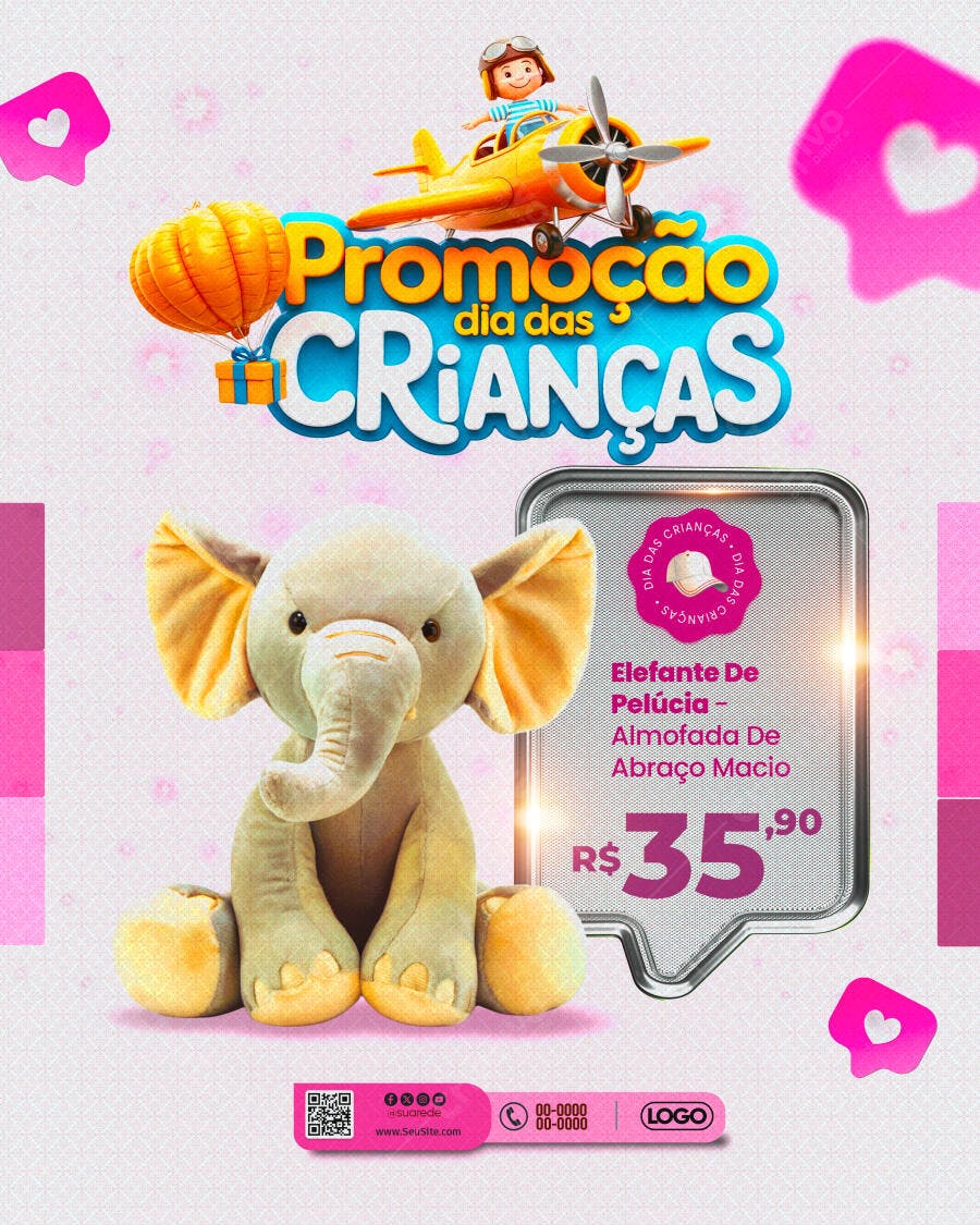 Flyer Dia das Crianças com Elefante de Pelúcia PSD Editável