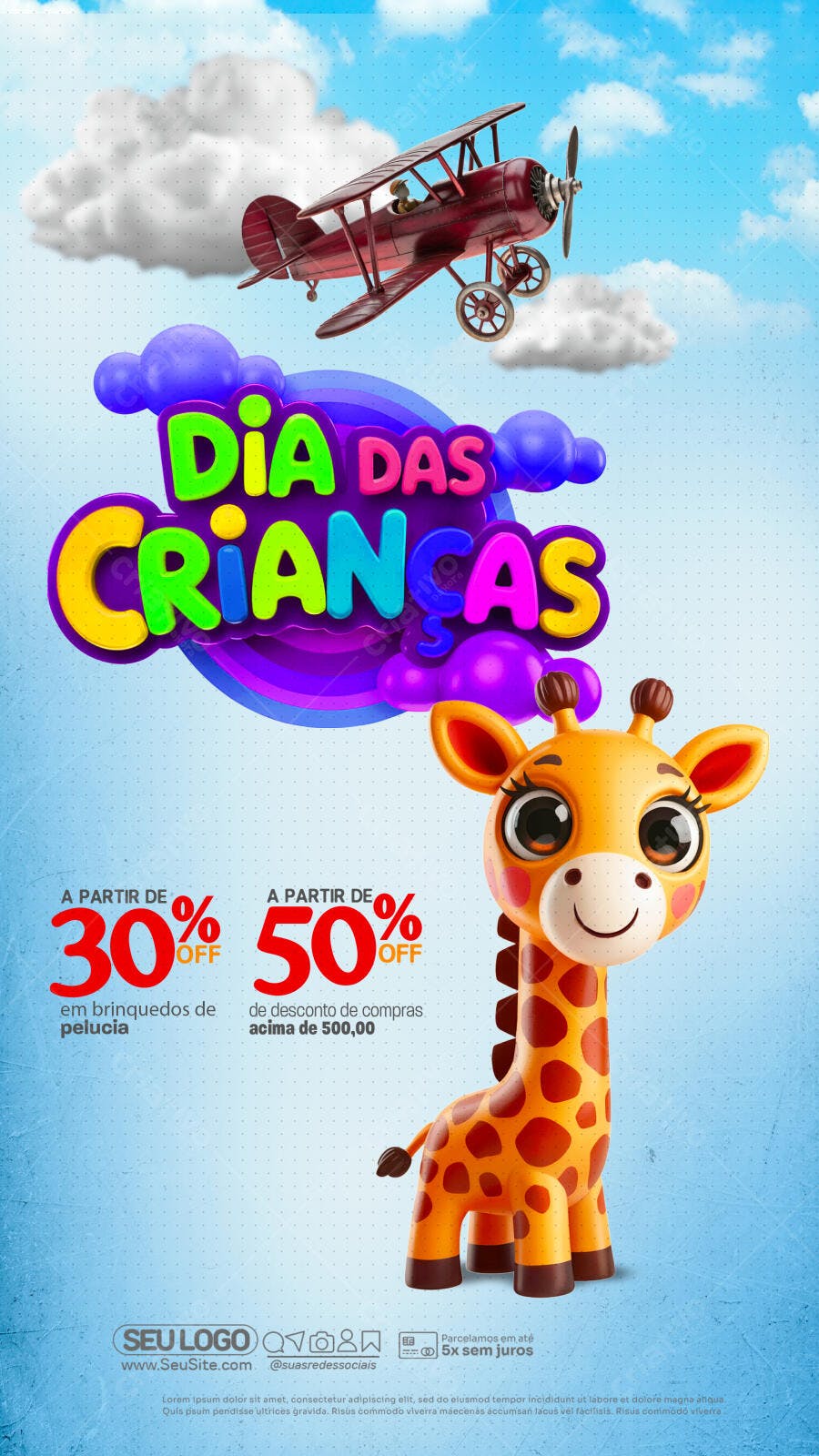 Flyer Dia das Crianças com Girafa e Avião PSD Editável