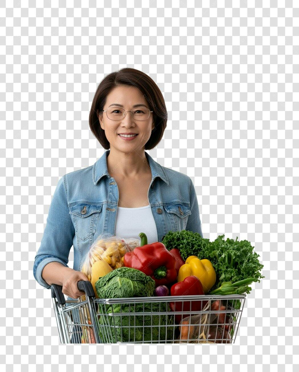 Imagem PNG com fundo transparente Mulher com carrinho de compras cheio de legumes