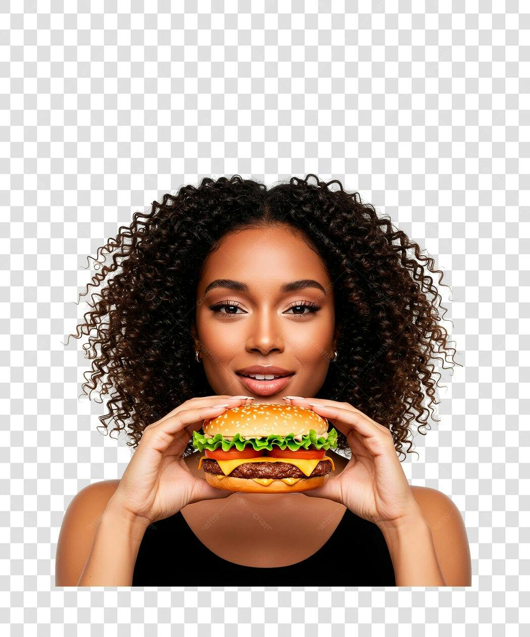 Imagem PNG com fundo transparente Mulher Afro segurando hambúrguer