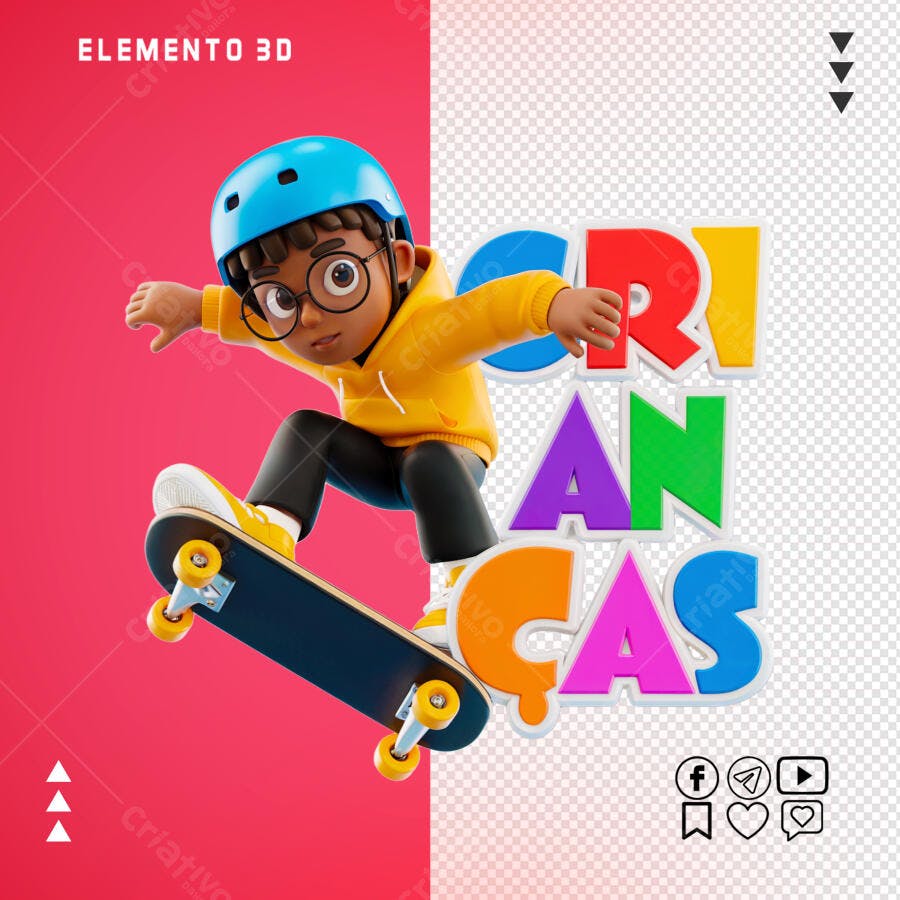 PSD Arte 3D Crianças Skate para Dia das Crianças PSD Editável