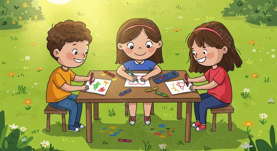 Crianças desenhando juntas ao ar livre