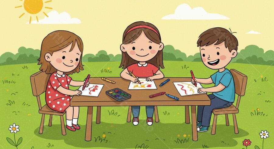 Crianças desenhando juntas ao ar livre