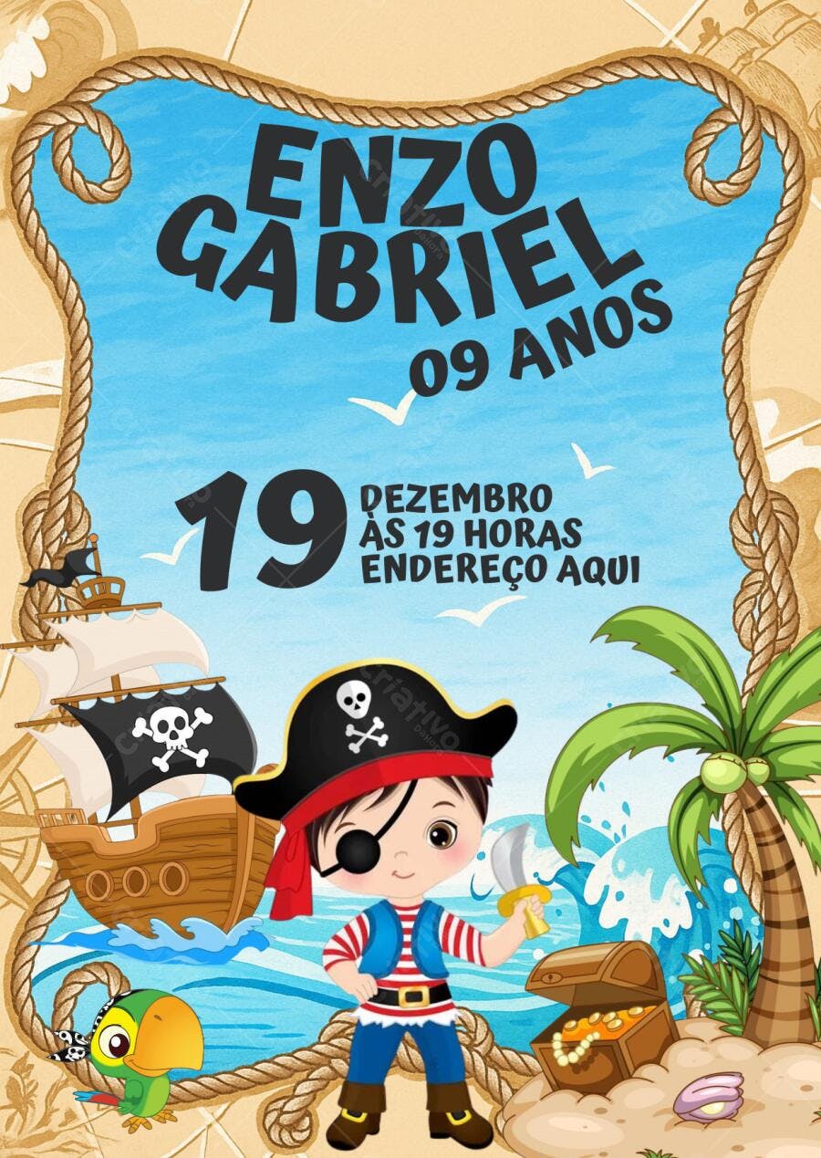 Convite Festa Infantil Pirata Aventura Editável no Canva