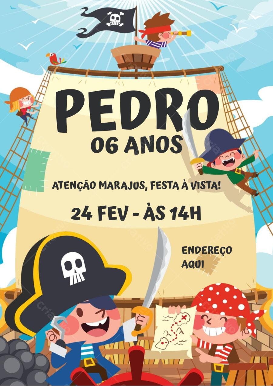 Convite Festa Infantil Pirata Aventura no Mar Editável no Canva