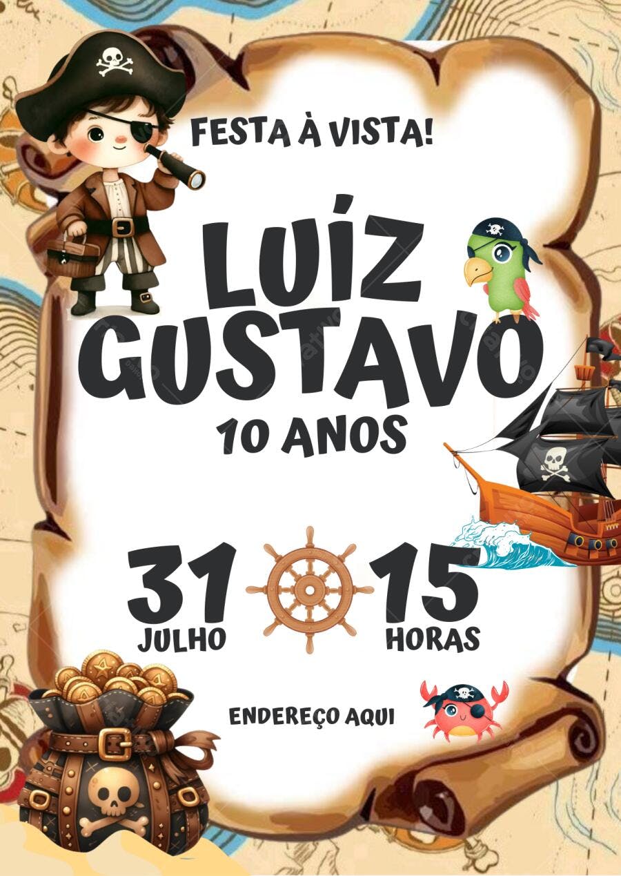 Convite Festa Infantil Pirata Aventura Editável no Canva