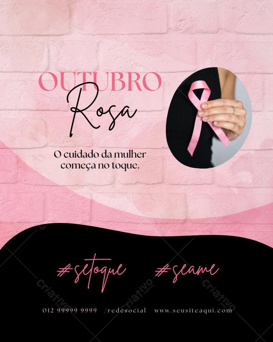 Post Instagram Outubro Rosa com laço rosa Editável no Canva